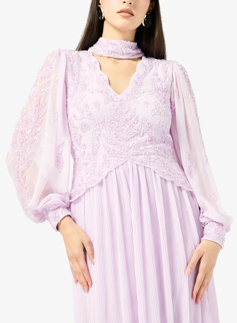 Frock And Frill  Embellished Neck Band Puff Sleeve Maxi Dress for Women | Best Price UAE